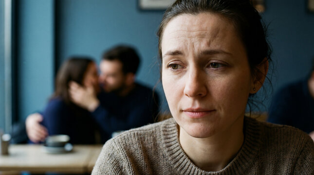 Sad woman sitting alone in cafe looking away while couple shows affection in blurred background highlighting relationship tension