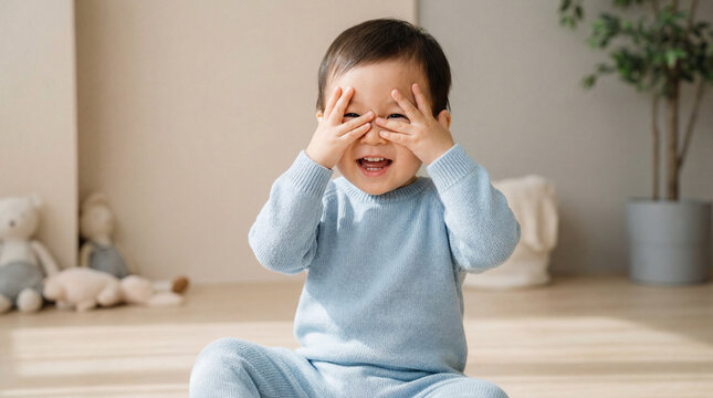 Laughing toddler in blue sweater playing peekaboo indoors on wooden floor in bright cozy nursery with soft natural sunlight