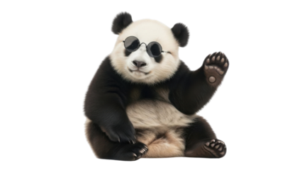 Giant panda wearing sunglasses and waving isolated PNG with Transparent Background