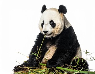 Cute Panda Eating Bamboo on White Background