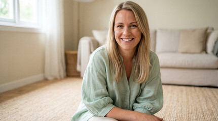 Smiling blonde woman relaxing on living room floor in casual linen shirt, enjoying calm natural light and cozy minimalist home interior
