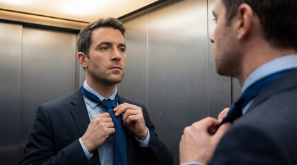 Confident businessman adjusting tie in elevator mirror before important meeting, preparing professional appearance and corporate mindset