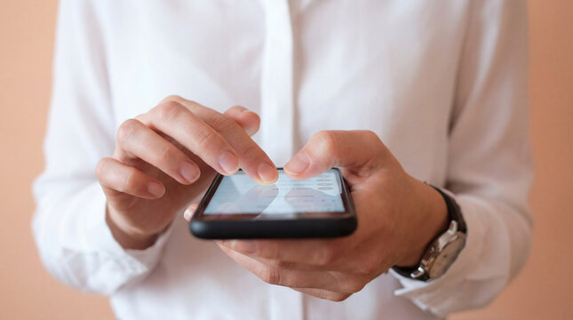 Business person using smartphone with messaging app, closeup of hands typing on mobile device while wearing white shirt indoors - Powered by Adobe