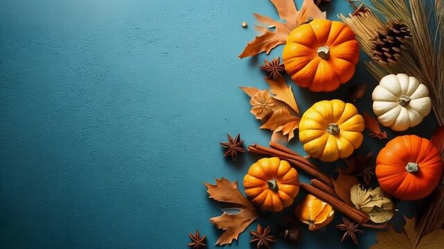 Autumn Harvest Pumpkins and Leaves Arrangement on Teal Background.