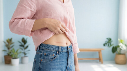 Woman showing healed abdominal surgery scar at home, demonstrating recovery, body awareness, and post operation self care in casual clothing