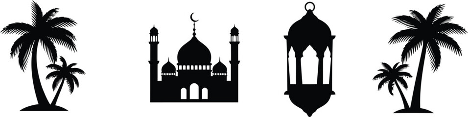 Ramadan kareem silhouette mosque lantern and palm trees on white