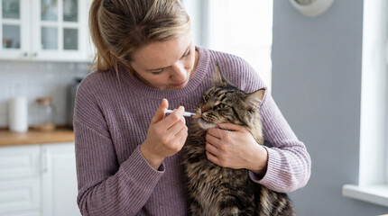Woman carefully giving oral medicine to calm tabby cat at home, pet healthcare and veterinary treatment with syringe in bright living room