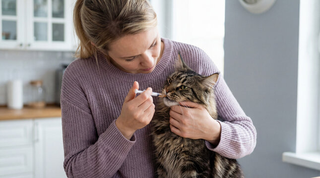 Woman carefully giving oral medicine to calm tabby cat at home, pet healthcare and veterinary treatment with syringe in bright living room