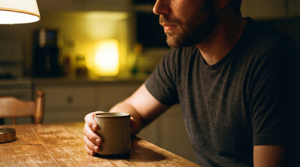Man sitting alone at wooden kitchen table in warm evening light holding coffee mug and reflecting in quiet contemplative mood