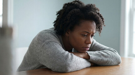Thoughtful young woman resting her head on folded arms at a table, feeling lonely and contemplative in a quiet indoor setting