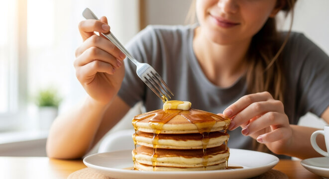 Woman cutting into a stack of fluffy pancakes with butter and syrup for a delicious breakfast meal. Homemade sweet dessert for cafe menu.