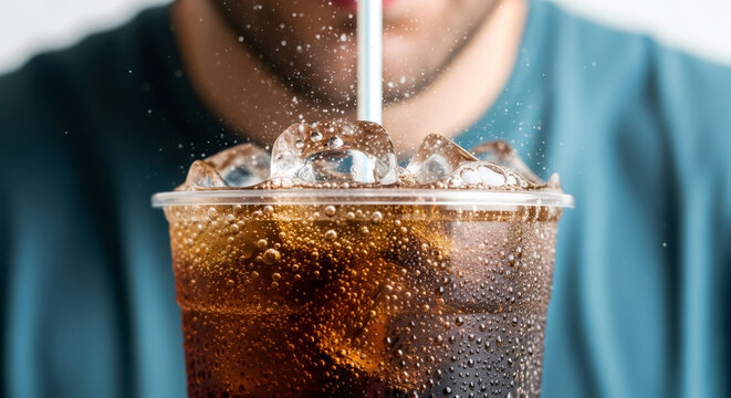 Man sipping cold drink with splashing ice and bubbles in a plastic cup, concept for refreshment, fast food advertising, and street food.