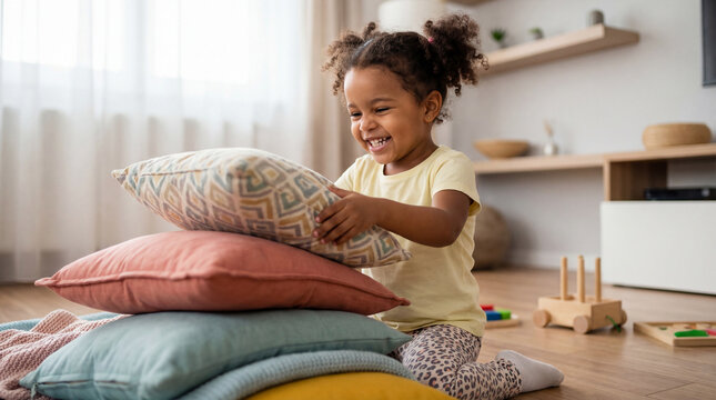 Playful toddler girl stacking colorful cushions and laughing in cozy living room during fun indoor activity and early childhood development - Powered by Adobe