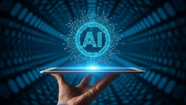 Artificial Intelligence Conceptual Design on Tablet Display Held by Hand Illustrating Technological Advancement and Data Processing Power with Futuristic Blue Background Emphasizing Innovation