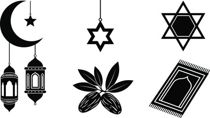 Islamic and jewish religious symbols in black and white illustration