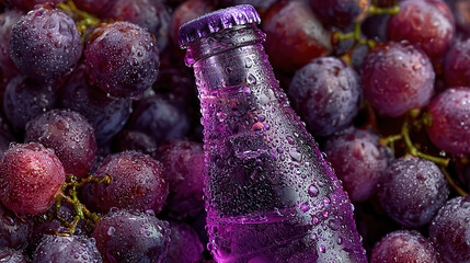 Sparkling purple grape soda bottle amidst fresh grapes