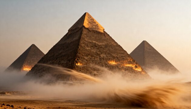 Three Egyptian pyramids rising through mist and sand haze.