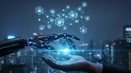 Robotic hand reaching towards human hand with glowing light in a futuristic city setting, symbolizing artificial intelligence and digital security connection - Powered by Adobe