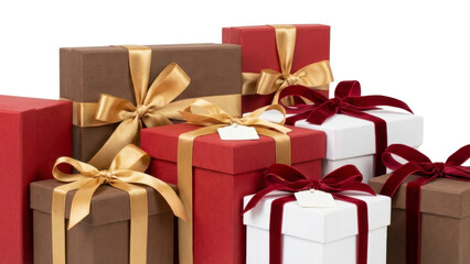 Elegant gift boxes with golden and red velvet ribbons create celebratory mood, perfect for holiday promotions, corporate gifting, and festive occasion designs