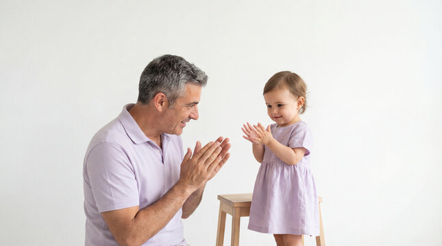 Grandfather playing clapping game with smiling toddler girl in pastel purple outfits against bright minimalist background indoors