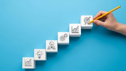 Hand draws upward trend graph on stacked blocks symbolizing growth