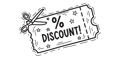 Cut Price Ticket Graphic Savings Coupon Discount Promo Retail Sale Star Icon Design Scissors Art Black White Vector
