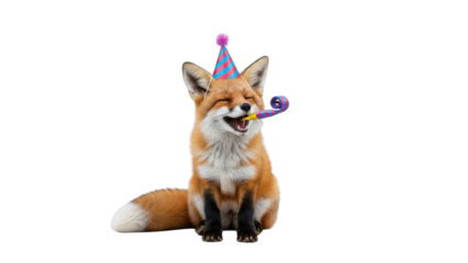 Smiling fox wearing a birthday hat and blowing a party horn isolated PNG with Transparent Background