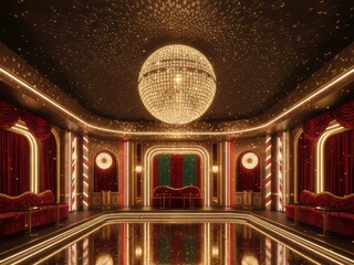 Art deco empty disco ballroom with golden disco chandelier and red velvet curtains