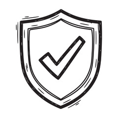Security Protection Checkmark Shield Vector Doodle Safe Confirmation Tick Approved Validated Black and White Symbol Icon