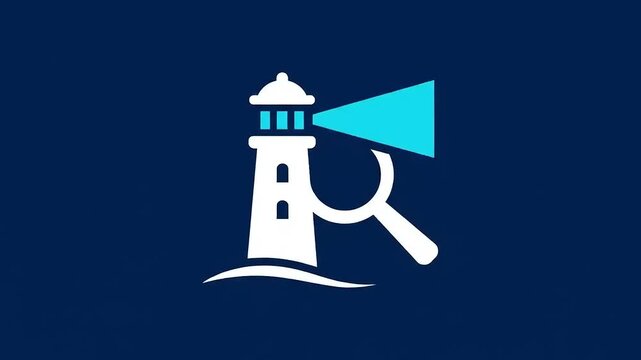 Animated lighthouse icon search concept revealing opportunities, challenges and risks