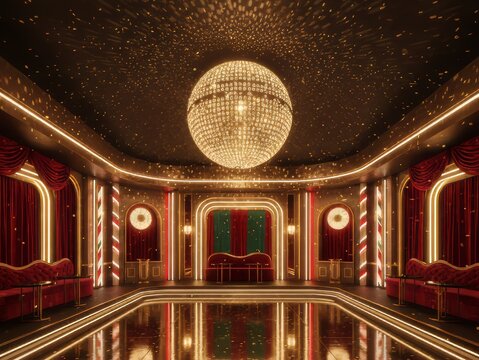 Art deco empty disco ballroom with golden disco chandelier and red velvet curtains