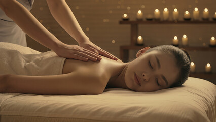 Obraz premium Atmospheric photos of massage therapy with candles, oils, flowers, towels, spa stones, etc.