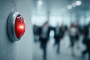 A red alert button signals on the wall in the hallway