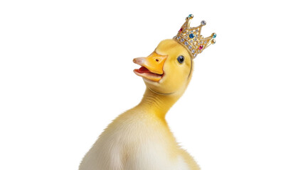 Cute yellow duckling wearing a jeweled crown isolated PNG with Transparent Background