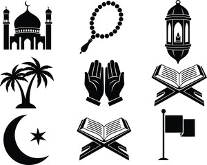 Islamic symbols collection mosque prayer beads lantern quran and more