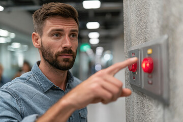 A man presses a red danger or fire button mounted on a wall in an office