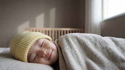 Sleeping child in warm hat napping under soft blanket near bright window in cozy bedroom with natural morning light