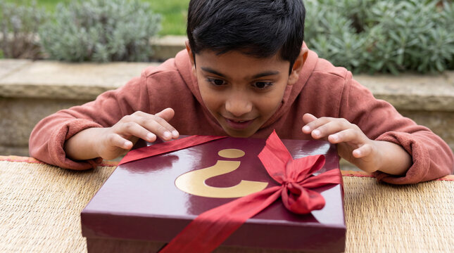 Curious boy eagerly opening a red mystery gift box with golden question mark and ribbon outdoors on a wooden garden table