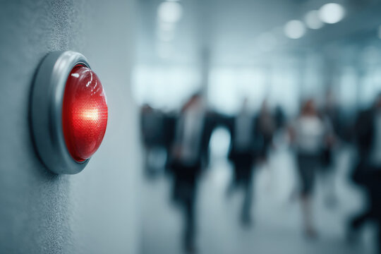 A red alert button signals on the wall in the hallway