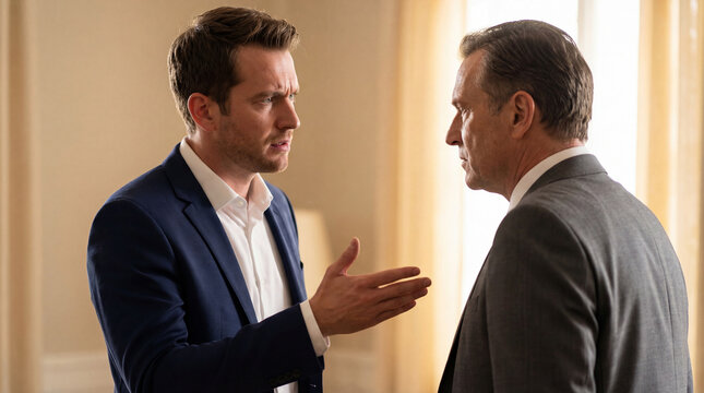 Young businessman arguing with older colleague in formal office setting during tense professional discussion