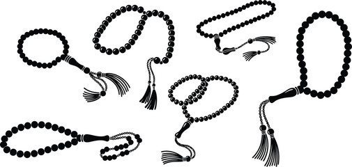 Collection of islamic prayer beads tasbihs in black and white