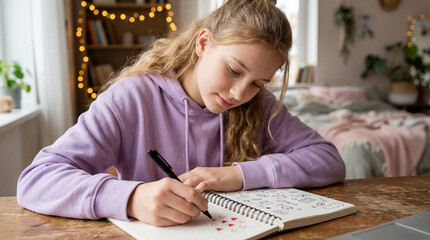 Teenage girl drawing colorful hearts in sketchbook while studying at cozy desk in bedroom with warm decorative lights in background