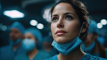 Focused healthcare worker in a mask against a blurred emergency room background, symbolizing dedication and teamwork in healthcare settings.