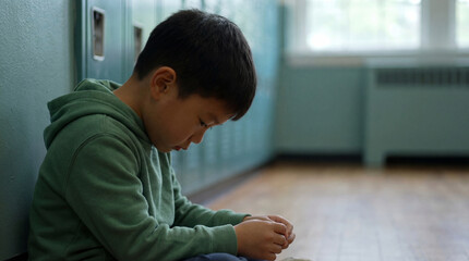 Sad young boy sitting alone in school hallway feeling lonely and anxious near lockers during quiet daytime moment