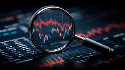 Magnifying glass focuses on business charts with vibrant growth trends, highlighting financial analysis. Ideal for financial services and market analysis visuals.