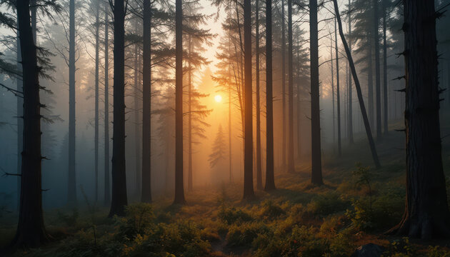 Sunlight shining through trees in a misty forest landscape - Powered by Adobe