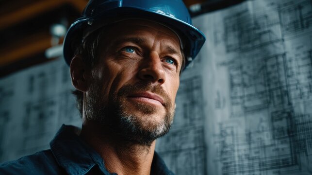 Confident construction worker with blue hard hat in front of detailed architectural blueprints, symbolizing expertise and precision in construction and engineering.