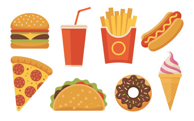 Fast food icons set. Colorful flat vector illustration of burger fries, pizza and soda 