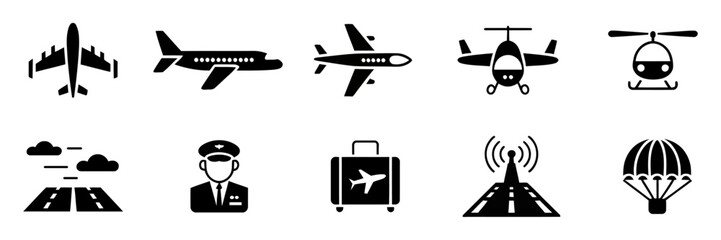 Collection of aviation icons including airplanes, helicopters and travel elements in black silhouette style for transportation and tourism designs