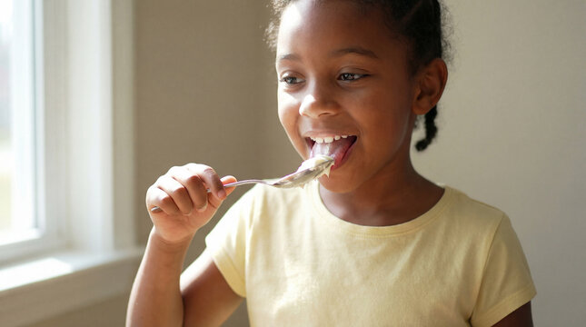 Happy young girl enjoying a spoonful of yogurt by a bright window in a cozy home interior during a peaceful daytime moment - Powered by Adobe